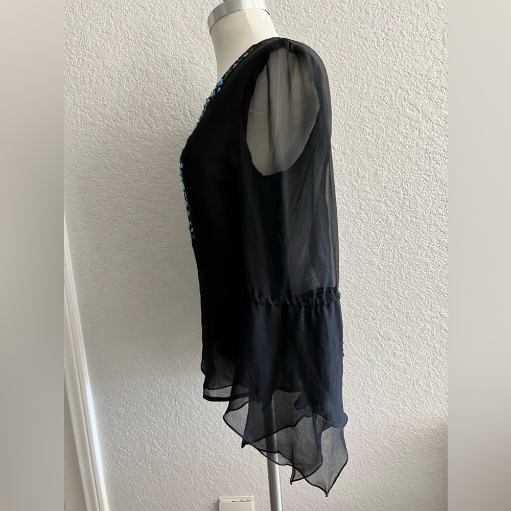 Vintage Issue Black sheer blouse size 12 black seed beaded turquoise accents - Picture 4 of 5